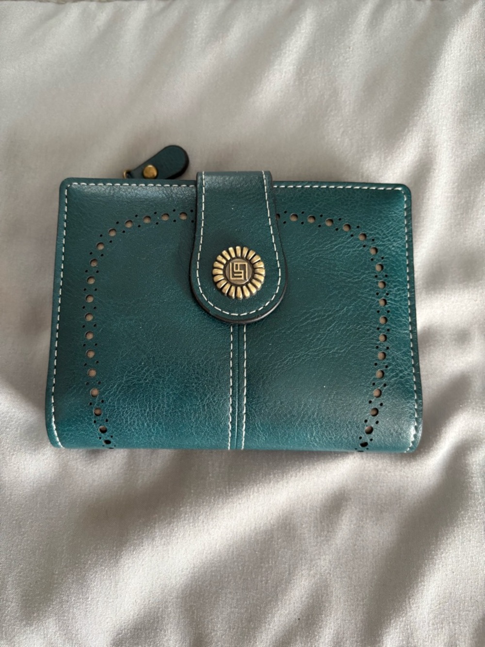Teal Leather Snap Wallet with Decorative Medallion